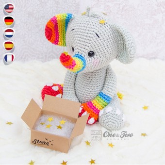 Hue the Rainbow Elephant Amigurumi Crochet Pattern - English, Dutch, German, Spanish, French