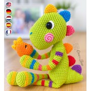 Chipper the Rainbow Dino Amigurumi Crochet Pattern - English, Dutch, German, Spanish, French