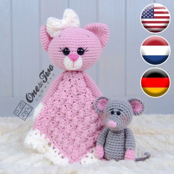 Kissie the Kitty and Skip the Little Mouse Security Blanket Crochet Pattern - English, Dutch, German